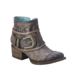 Corral Brown Floral Embossed Strap Shortie Boot