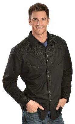 Scully Floral Embroidery Black Retro Western Shirt