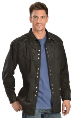 Scully Floral Embroidery Black Retro Western Shirt -Exotic Clothing file 232